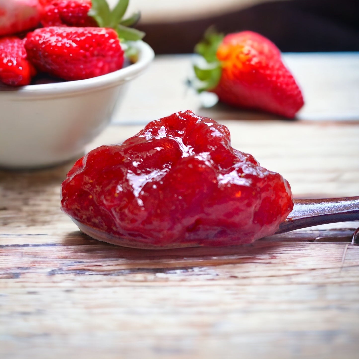 A close up of a spoonful of strawberry jam on a rustic wooden table with a bowl of strawberries in the background.