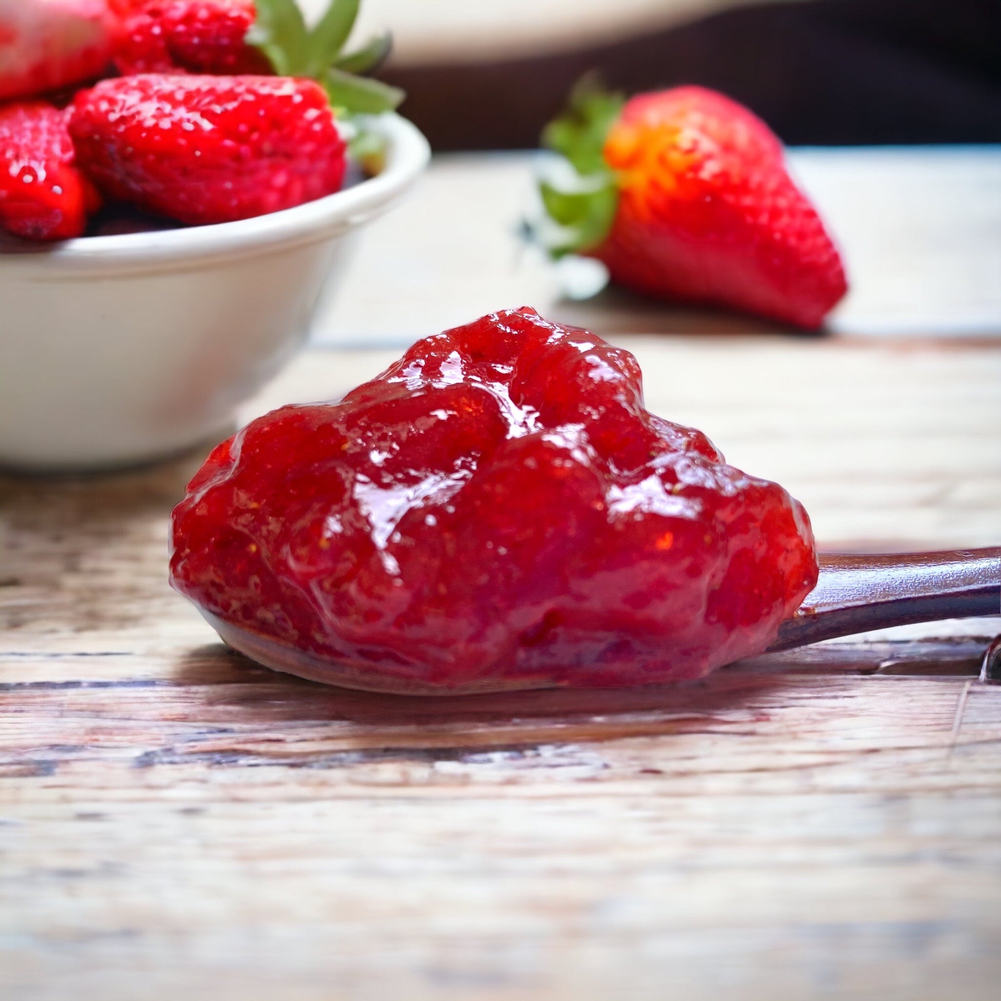 A close up of a spoonful of strawberry jam on a rustic wooden table with a bowl of strawberries in the background.