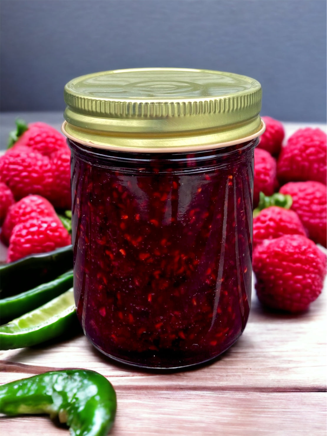 a glass jar filled with raspberry jalapeno jam resting on a wooden plank with fresh raspberries and jalapeno peppers in the background