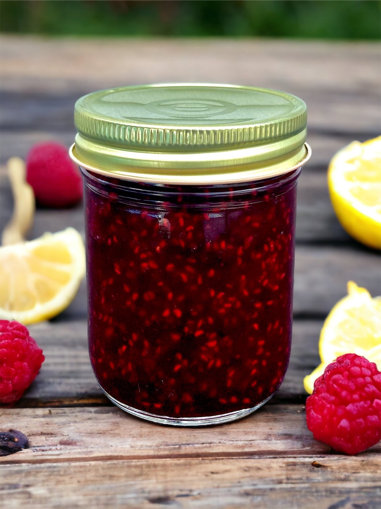 A glass jar of raspberry lemon jam sitting on a rustic wooden table along with fresh raspberries and lemons