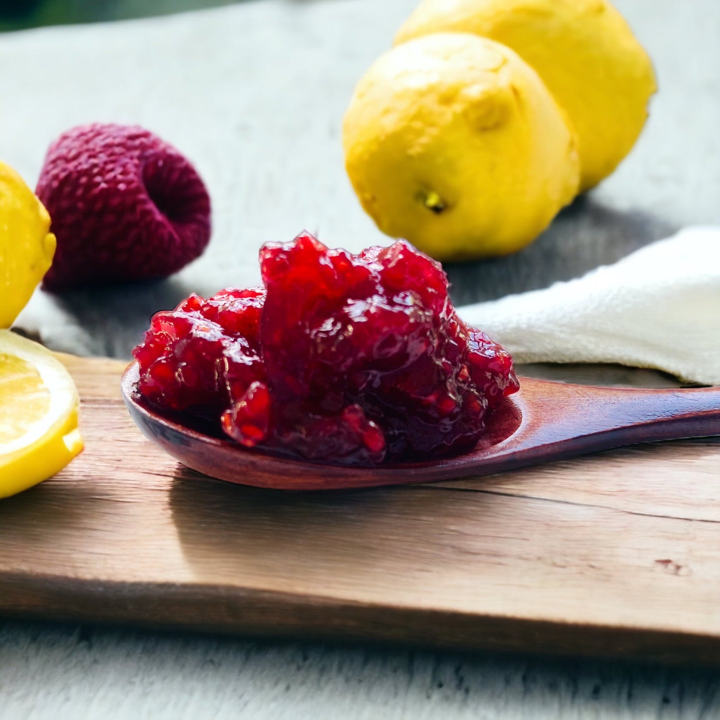 a wooden spoon loaded with raspberry lemon jam resting on a rustic cutting board with fresh lemons and raspberries in the background