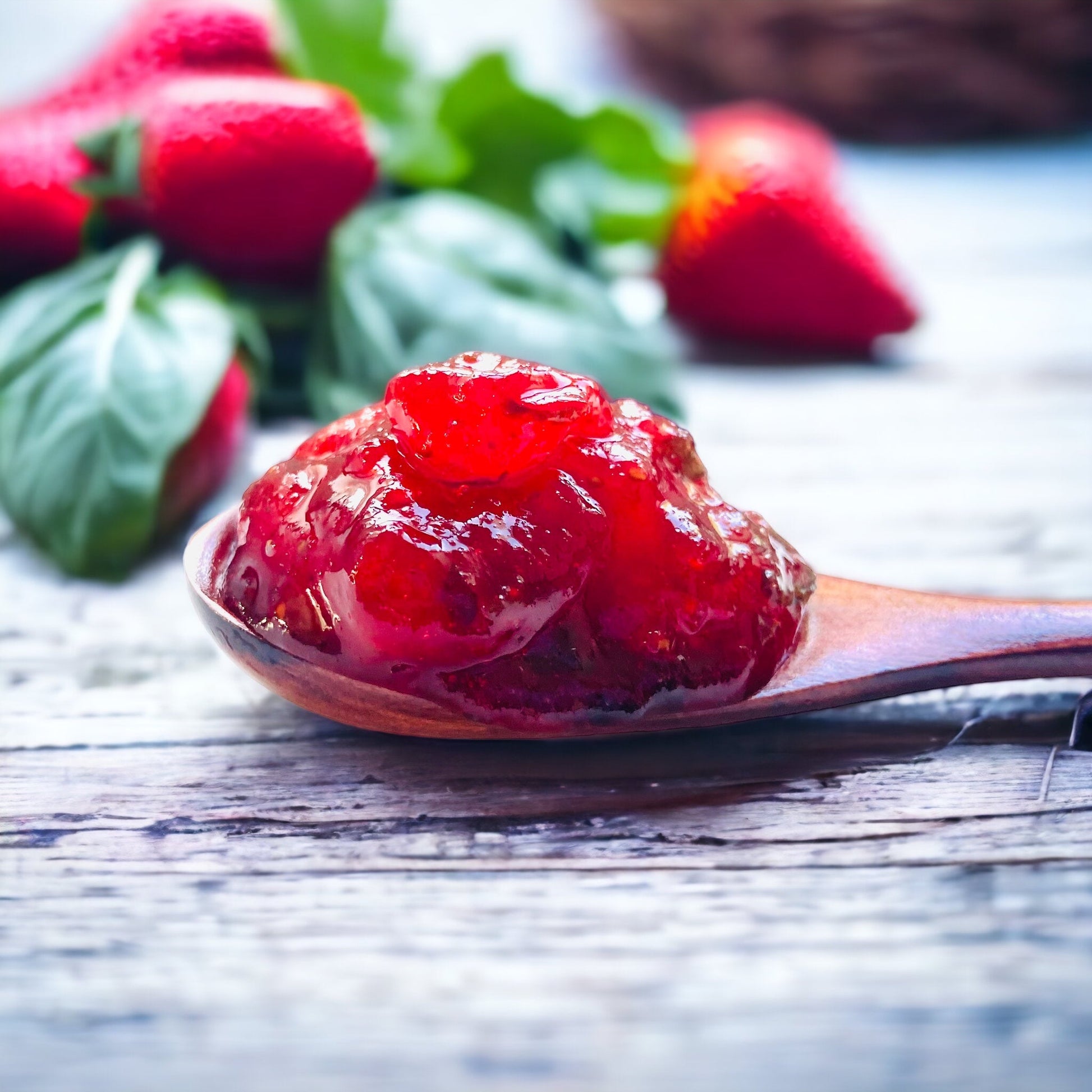 A wooden spoon loaded with strawberry basil jam resting on a wooden table with fresh strawberries and basil in the background