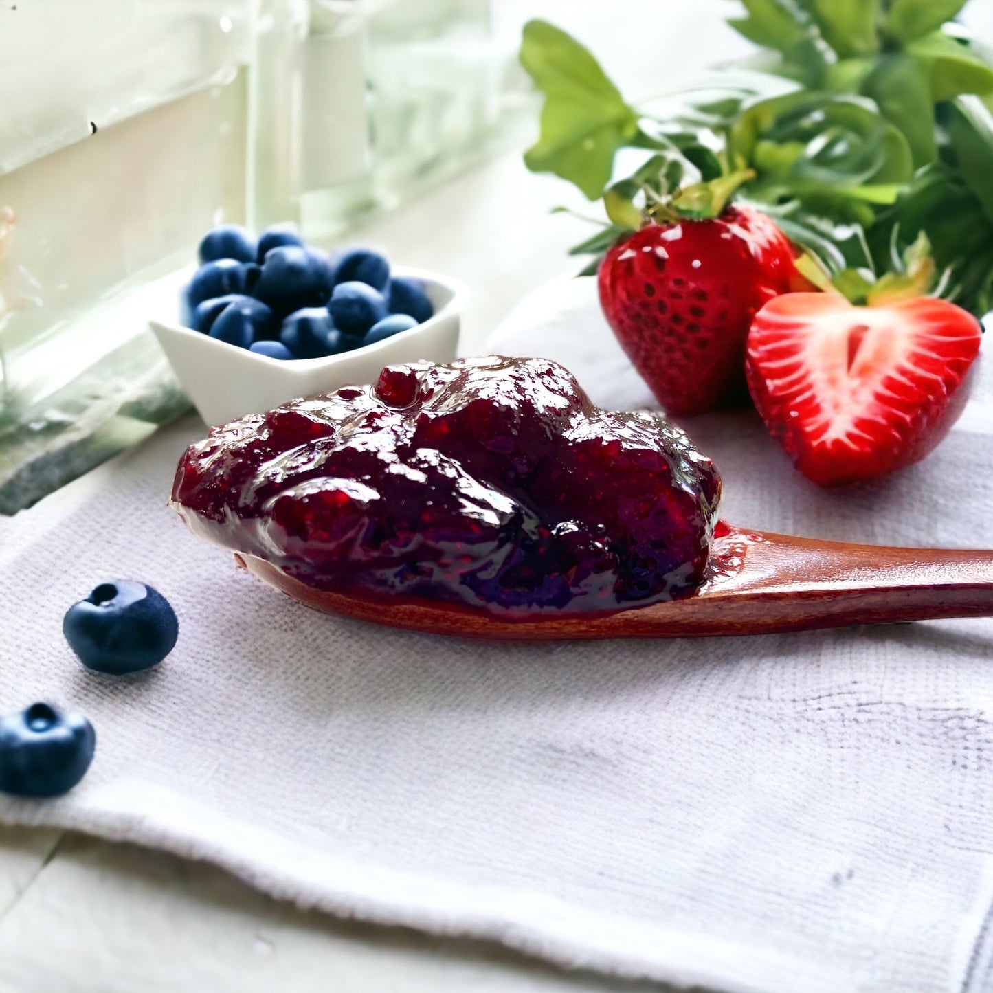 wooden spoon with strawberry blueberry jam by a window on a linen towel with fresh strawberries and blueberries in the background